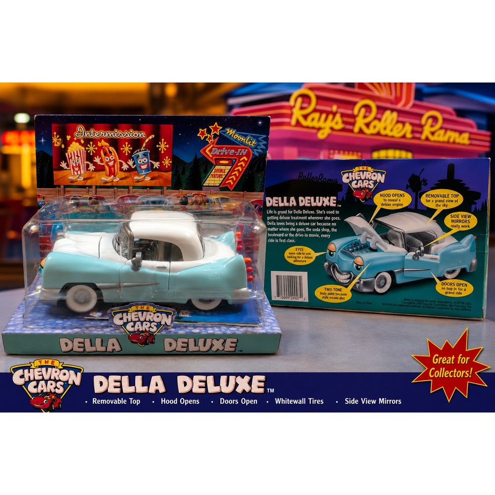 The Chevron Cars Della Deluxe Blue White Collectible Toy Car 2001 New in Box